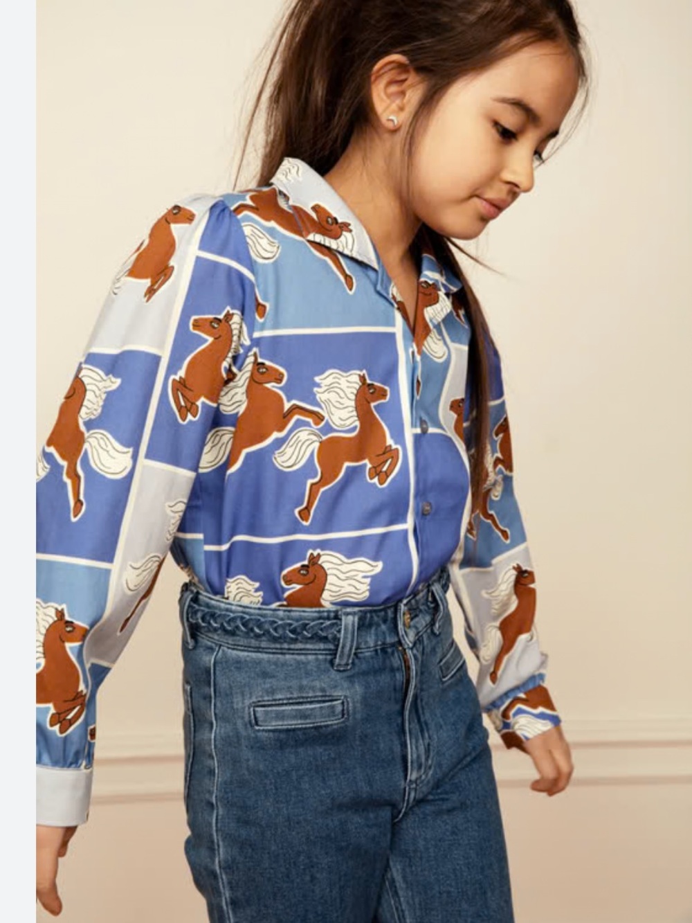 Mini Rodini Horses Woven Shirt 5-7 Girls Youth Toddler Button Up Blouse Sleeves